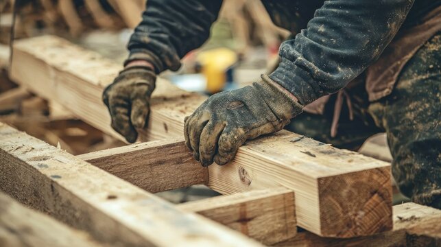 A craftsman fitting joggle joints into timber beams during a traditional carpentry project