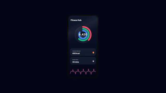 Fitness Tracker Smartwatch Mobile App Interface Animation Showing Daily Activity Calories Burned and Heart Rate