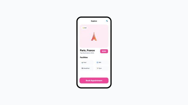 Travel Booking Mobile App Interface Animation Showing Paris France Destination Information and Appointment Booking