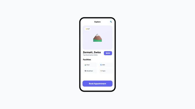 Travel Booking Mobile App Interface Animation Showing Swiss Mountains Destination Information and Appointment Booking