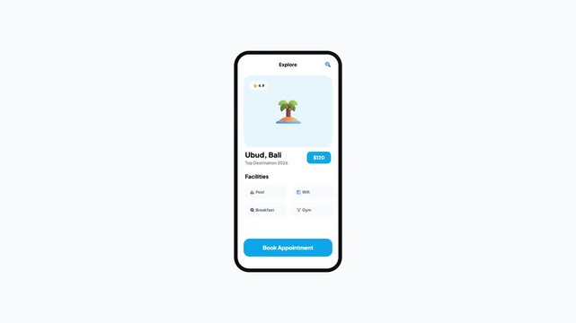 Travel Booking Mobile App Interface Animation Showing Bali Island Destination Information and Appointment Booking