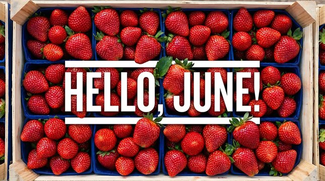 Fresh strawberries in wooden crates, hello june text overlay on vibrant red berry background, healthy eating concept.