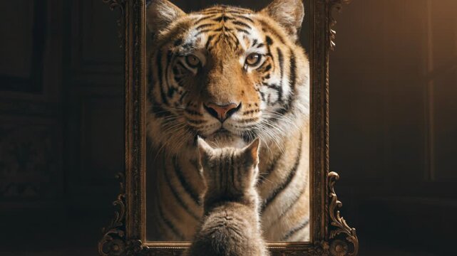 Small fluffy tabby kitten cat tiger mirror reflection fantasy animal imagination dream courage self perception concept surreal art furry pet