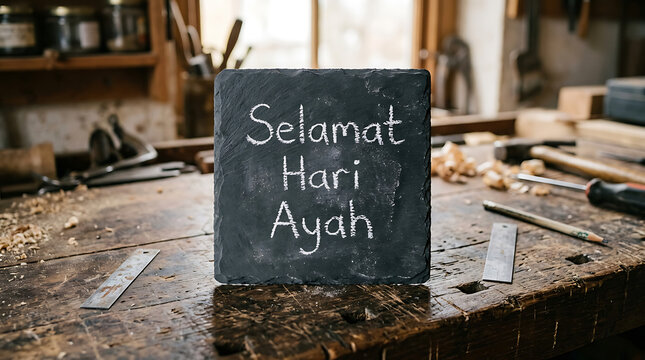 A sign reading Selamat Hari Ayah on a workbench in a workshop