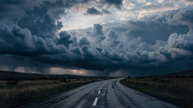 Storm cloud dark sky dramatic weather over empty road countryside landscape moody atmosphere rain storm rural horizon tension travel adventure