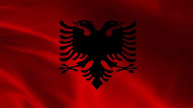 waving flag of Albania close up background loop 4k resolution country national symbol black double headed eagle red fabric texture Balkan nation state banner seamless motion graphics looping footage