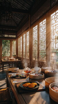 Sunlit Asian restaurant interior with rising steam and peaceful ambiance, creating cozy dining atmosphere and tranquil culinary mood beautifully.