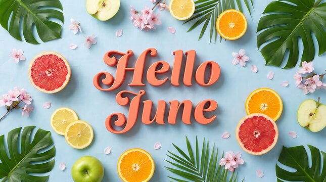 Hello june text surrounded by tropical fruits green leaves and pink blossoms on blue background.