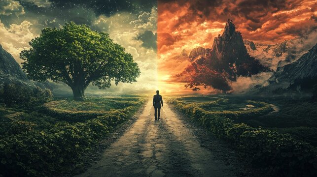 A digital art concept showing a figure of Janus standing at a crossroads with divergent paths leading into contrasting landscapes