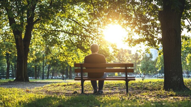 A person sitting alone on a park bench deep in thought with a distant gaze as if reflecting on a difficult life circumstance