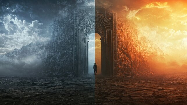 A fantasy gate guarded by a statue of Janus split by light and shadow representing duality