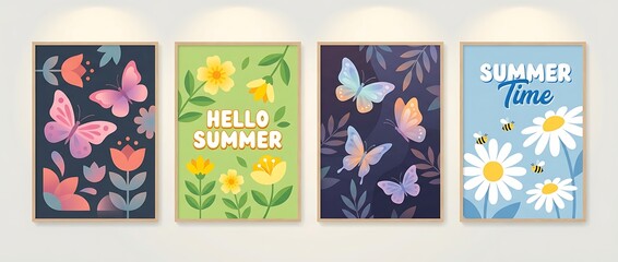 Obraz premium Four framed summer posters with butterflies, flowers, bees, and text hello summer and summer time, celebrating warm sunny season, vibrant colorful art.