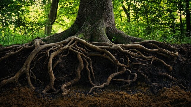 A symbolic image of intertwined tree roots beneath the soil representing the complex interrelation of nature