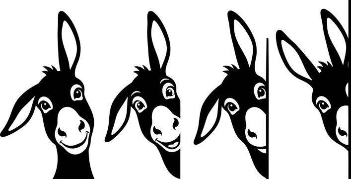 Peeking Donkey Vector Silhouette Set Funny Farm Animal Character Peeping Out