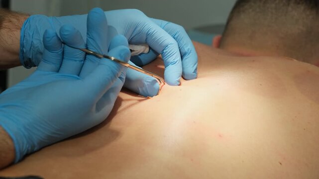 Doctor hands with forceps removes patient mole in hospital slow motion. Surgeon hand takes out wart from man back in clinic closeup