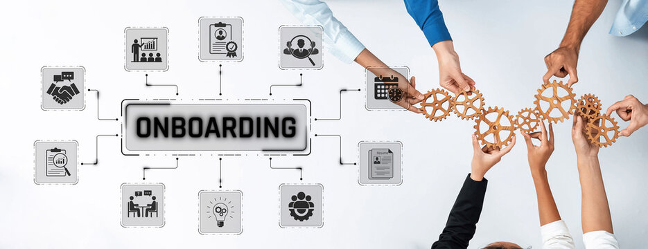 Collaborative Onboarding Process with Hands Holding Gears and Icons Representing Teamwork, Strategy, and Engagement for New Employees and Companies Sigmoid