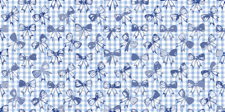blue ribbon bows pattern repeating gingham background
