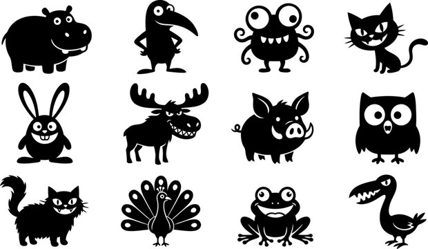 Funny Cartoon Animal Silhouette Icons Set Vector Illustration