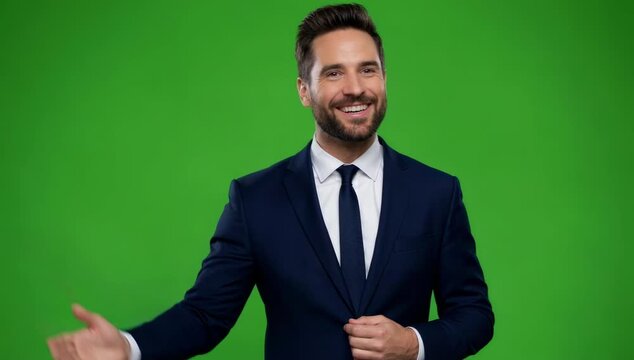 A charismatic man in a sharp navy suit stands against a vibrant green screen, capturing a professional business look for corporate projects.