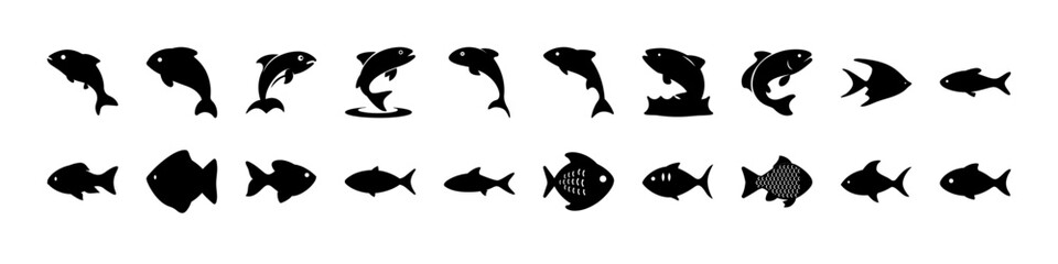 Obraz premium Black silhouette whale and dolphin swimming set - A stylish collection of black silhouette whales and dolphins in various swimming poses, perfect for marine-themed designs and eco-friendly projects.