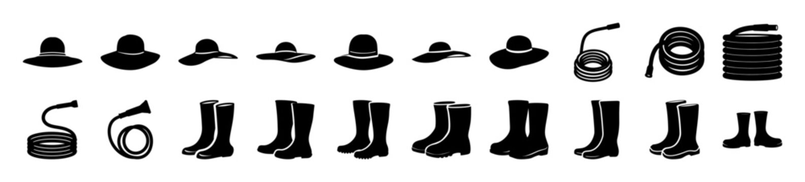 Four stylish black sun hats vector icons - Minimalist black sun hat icons in vector format, featuring wide brims and adjustable chin straps, ideal for fashion or design projects.