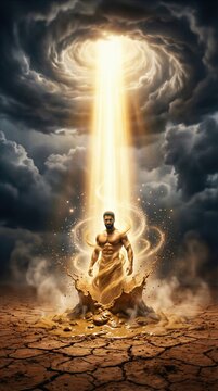 Man emerging from clay on a dry desert landscape under a beam of divine light. Biblical illustration of the creation of the first human in the Book of Genesis. Spiritual awakening.