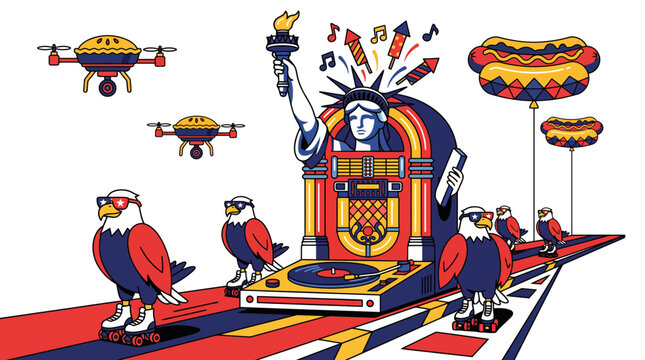 Retro USA Independence Day Jukebox Parade Vector Illustration