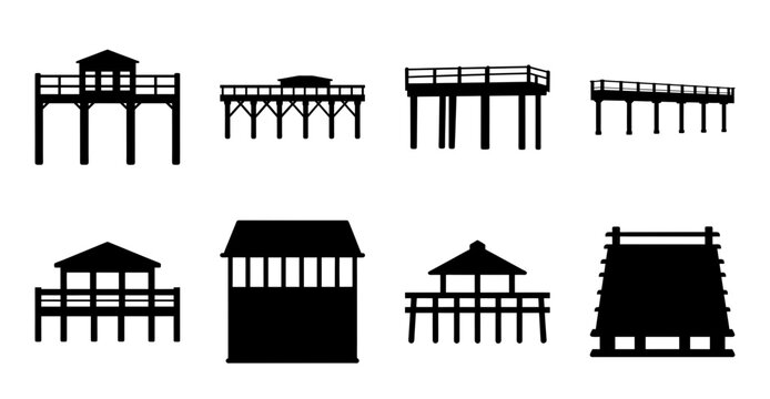 Pier Structures and Market Stall Silhouette Set- Collection of pier, dock, boardwalk, pavilion, market stall, and waterfront structure silhouettes for coastal and architectural themes.