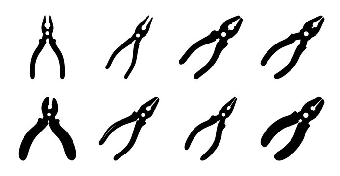 Assorted pliers in black and white vector style - Six different types of pliers illustrated in black and white vector format, ideal for technical and instructional materials.