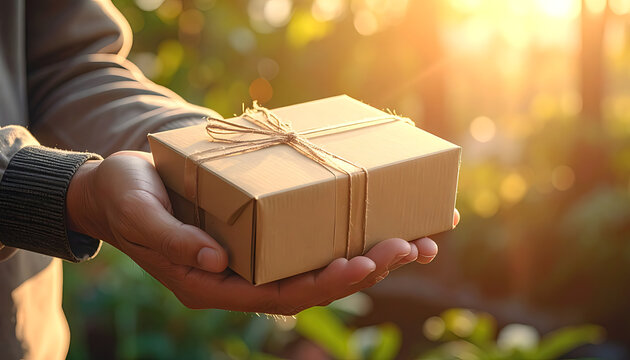 Person holding a neatly wrapped gift box with twine in warm golden hour sunlight, surrounded by soft green foliage, conveying generosity and appreciation