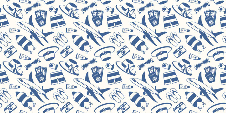 Seamless pattern with travel and vacation theme, airplane, hat, shorts and flip flops. Summer holiday concept vector illustration for textile, paper in flat style.