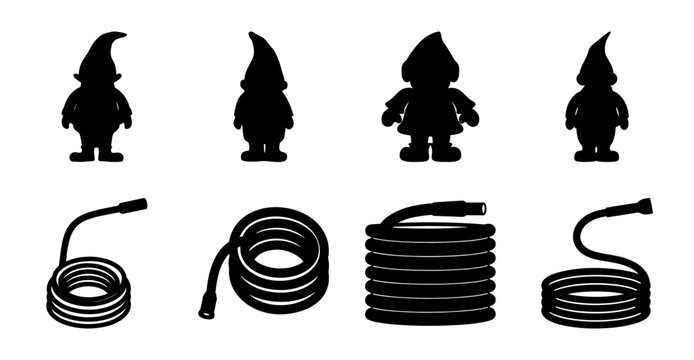 Garden Gnome and Coiled Hose Silhouette Set- Collection of garden gnome figures and coiled garden hose silhouettes, ideal for gardening, landscaping, outdoor maintenance, and yard themes.