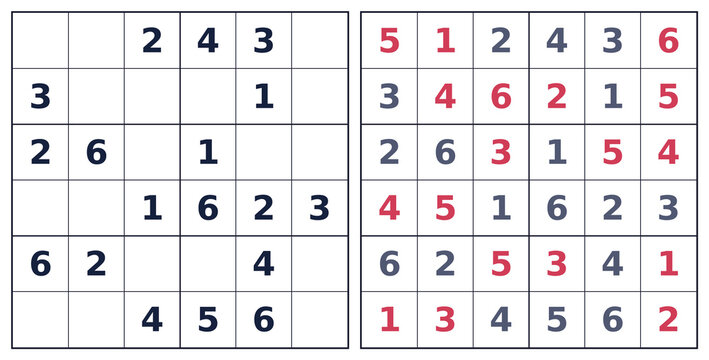 Solved 6x6 Sudoku for kids with red answer. Black grid transparent PNG logic worksheet