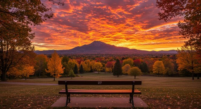 Centered park bench facing a prominent mountain peak under a vibrant orange autumn sunset sky.