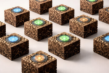 Obraz premium Precision agriculture sensor nodes embedded in soil blocks representing smart sustainable farming technology
