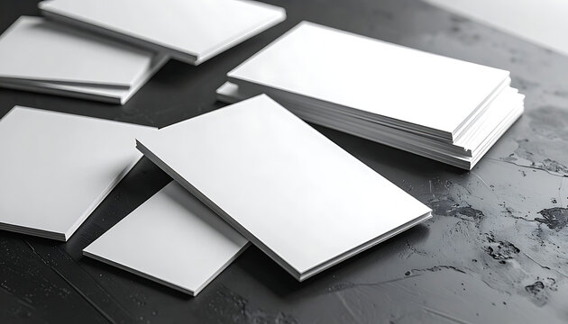 Stack of blank white business cards scattered on a dark textured surface, mockup for branding and design, copyspace