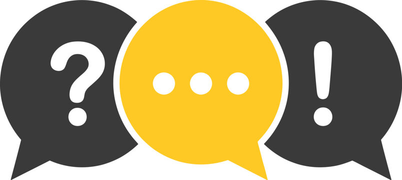 Colorful chat speech bubbles with question mark dots and exclamation mark for dialogue and communication design