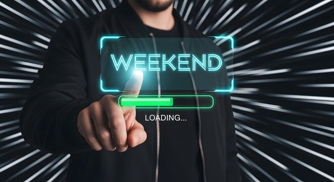 Man pressing weekend loading bar with neon interface