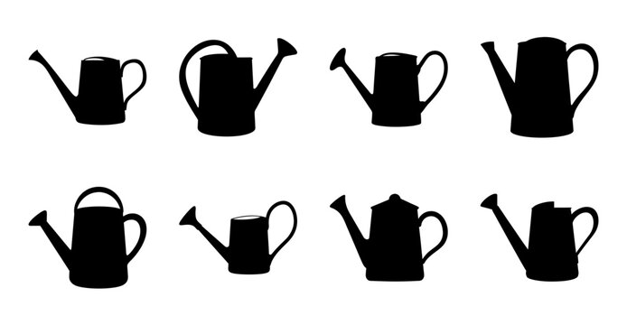 Black watering cans in simple line art style - Eight black watering cans arranged neatly, illustrated in clean line art style for versatile graphic design use.