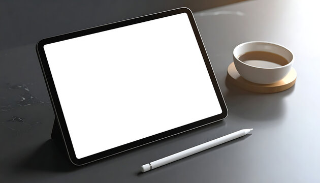 Modern tablet with blank screen and stylus pen, next to a cup of coffee on a textured surface, ideal for digital presentations or app mockups