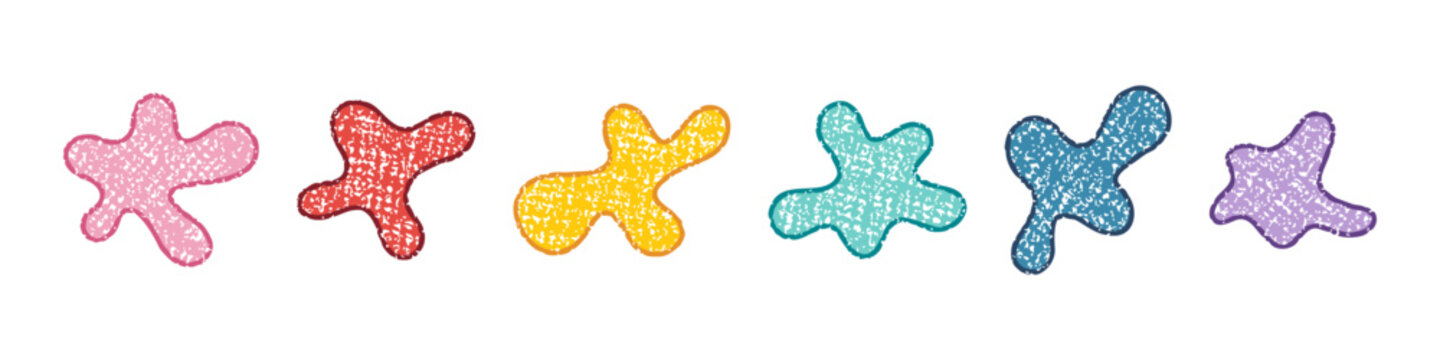 Speckled pastel crayon doodles row on white background.