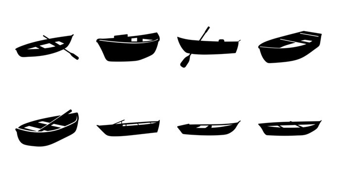 Eight black silhouette boats on white background - A collection of eight stylized black silhouette boats in various shapes and sizes, ideal for nautical or vector-based projects.
