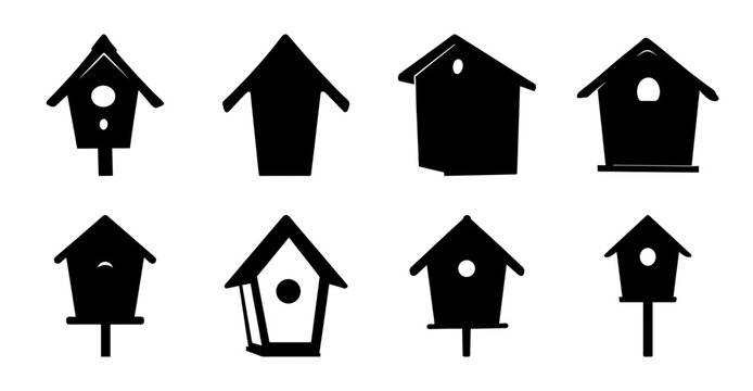 Black silhouette birdhouse icons set - A clean set of minimalist black silhouette birdhouse icons in various styles and designs for graphic projects or presentations.