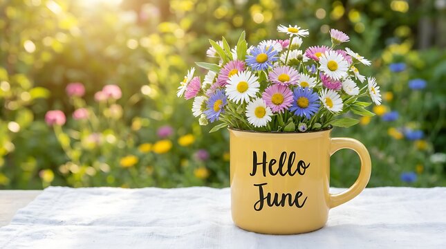 Hello June flowers in yellow mug with sunny garden background vibrant floral bouquet seasonal celebration beautiful nature greeting summer day.