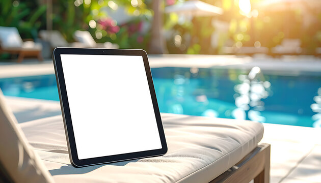 Tablet computer with blank screen rests on a lounge chair by a sunny swimming pool, conveying remote work or vacation relaxation