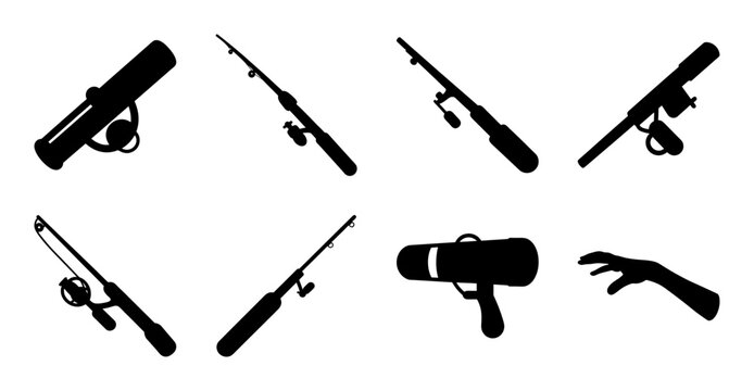 Flat design fishing and hunting gear icons - Minimalist black icons of rifles, fishing rods, and hunting tools in a clean, modern style for graphic design projects.