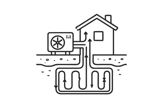 Geothermal Ground Source Heat Pump System Outline Vector Icon. Sustainable Renewable Energy for Residential House Heating and Cooling. Eco-Friendly Home HVAC Technology Minimalist Illustration.