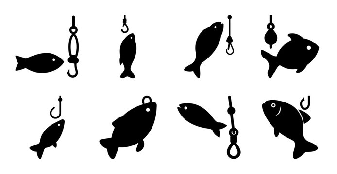 Black fish icons with hooks in different styles - Set of stylish black fish icons illustrated with fishing hooks, perfect for fishing-related designs, logos, or educational materials.
