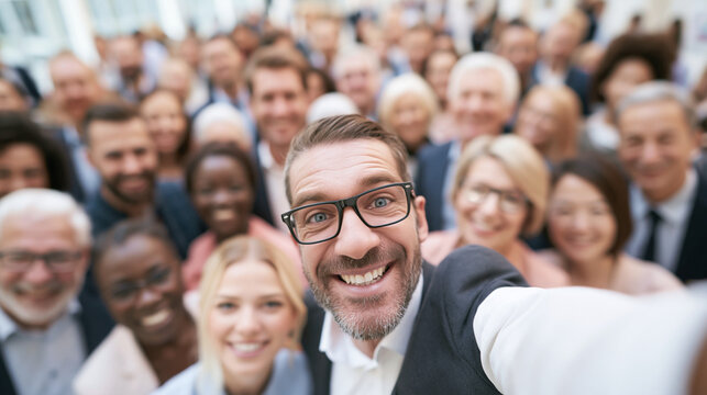 Happy businessman taking a group selfie with a large diverse crowd at a corporate networking event, teambuilding concept