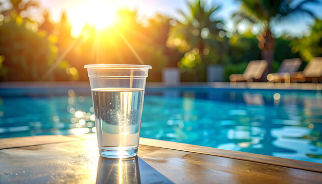 Refreshing clear plastic cup of water with bubbles, sun glare over a sparkling blue swimming pool, palm trees, and lounge chairs, summer vacation ambiance